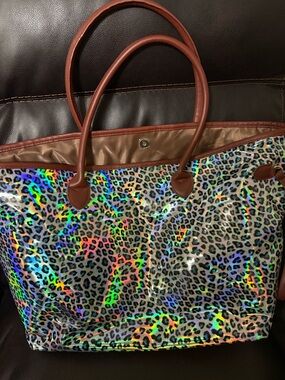 Holographic Leopard Print Tote Bag with Brown Trim